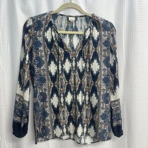 Ecru The Artist Top 100% Silk Brown & Blue Batik Print Peasant Festival XS